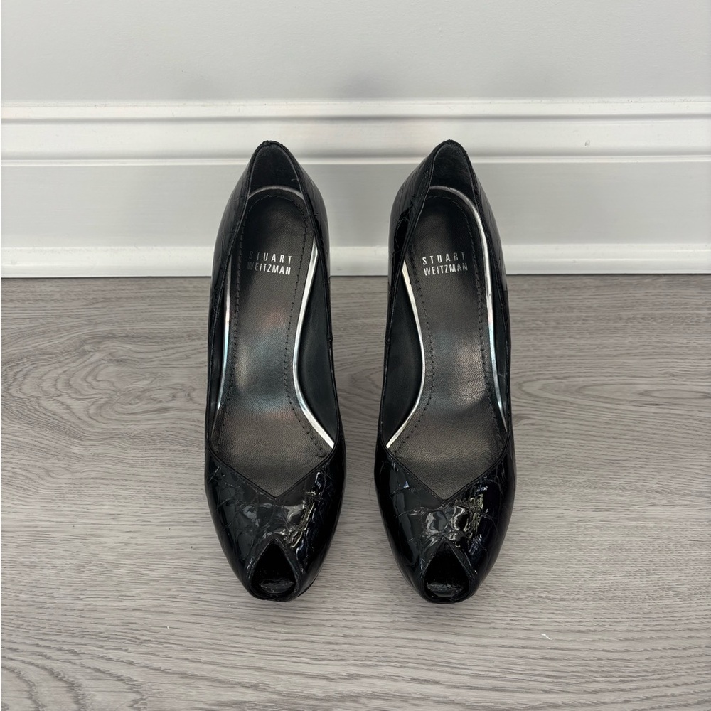 Stuart Weitzman Glossy Black Peep Toe Heels